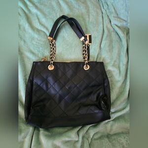 Madison West Black Quilted Shoulder Bag with Gold Chain